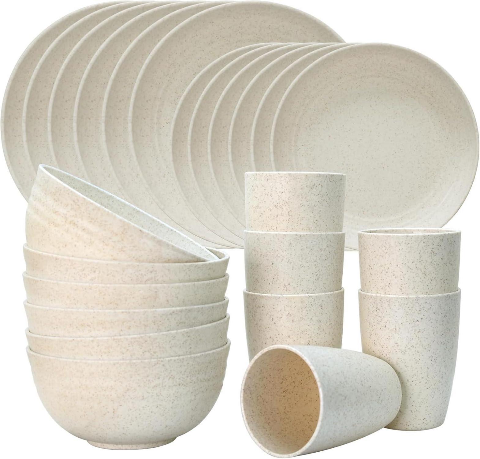 Camping Geschirr Set 24-teilig, Unzerbrechlich Kunststoff Beige