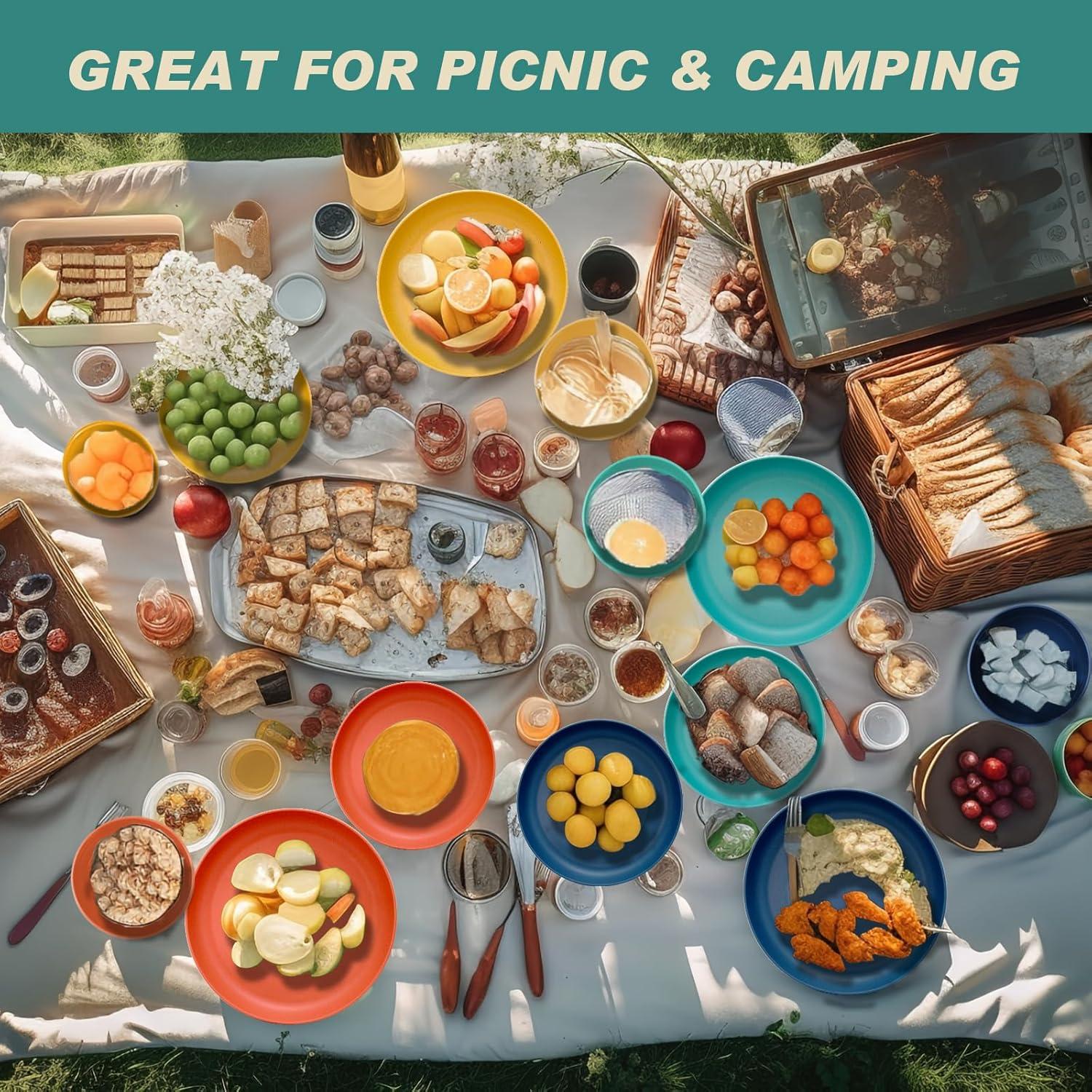 24-teilig Camping Geschirr Set Teller Schalen Tassen Kunststoff Blau Grün Orange