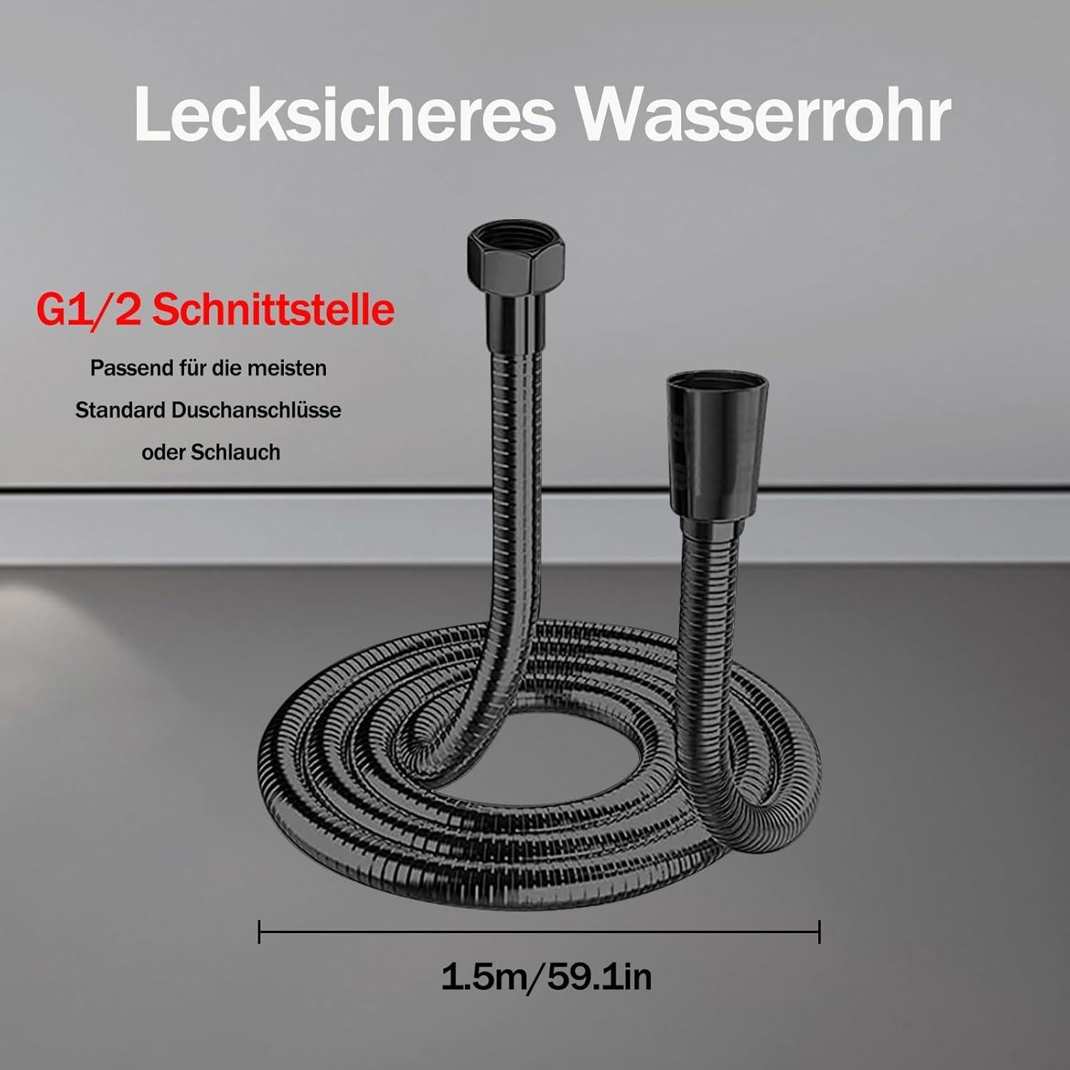 Duschkopf mit Schlauch 1,5M - Wassersparend - 6 Strahlarten - Schwarz