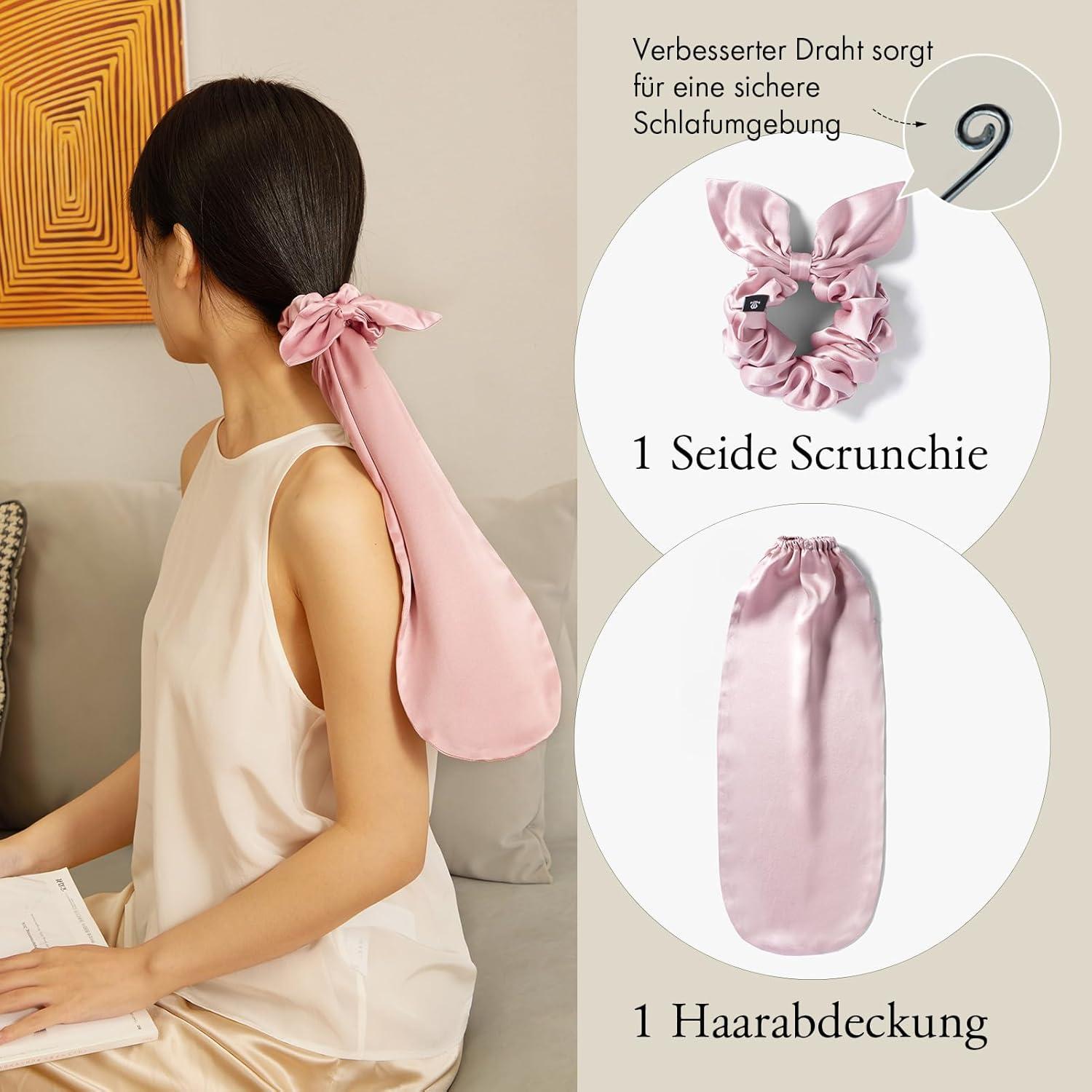Seiden Mütze mit Scrunchies 2-in-1 für langes Haar, Rosa