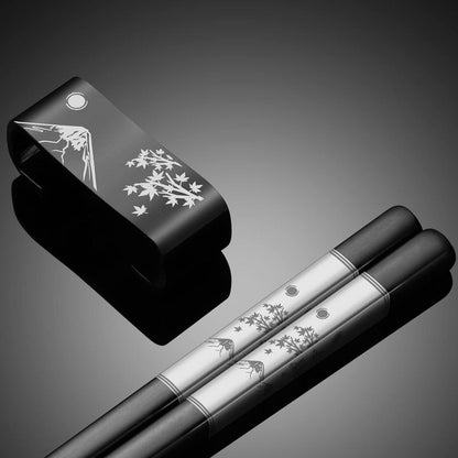 Wiederverwendbare Essstäbchen Set Titan Edelstahl mit Halter (Schwarz)