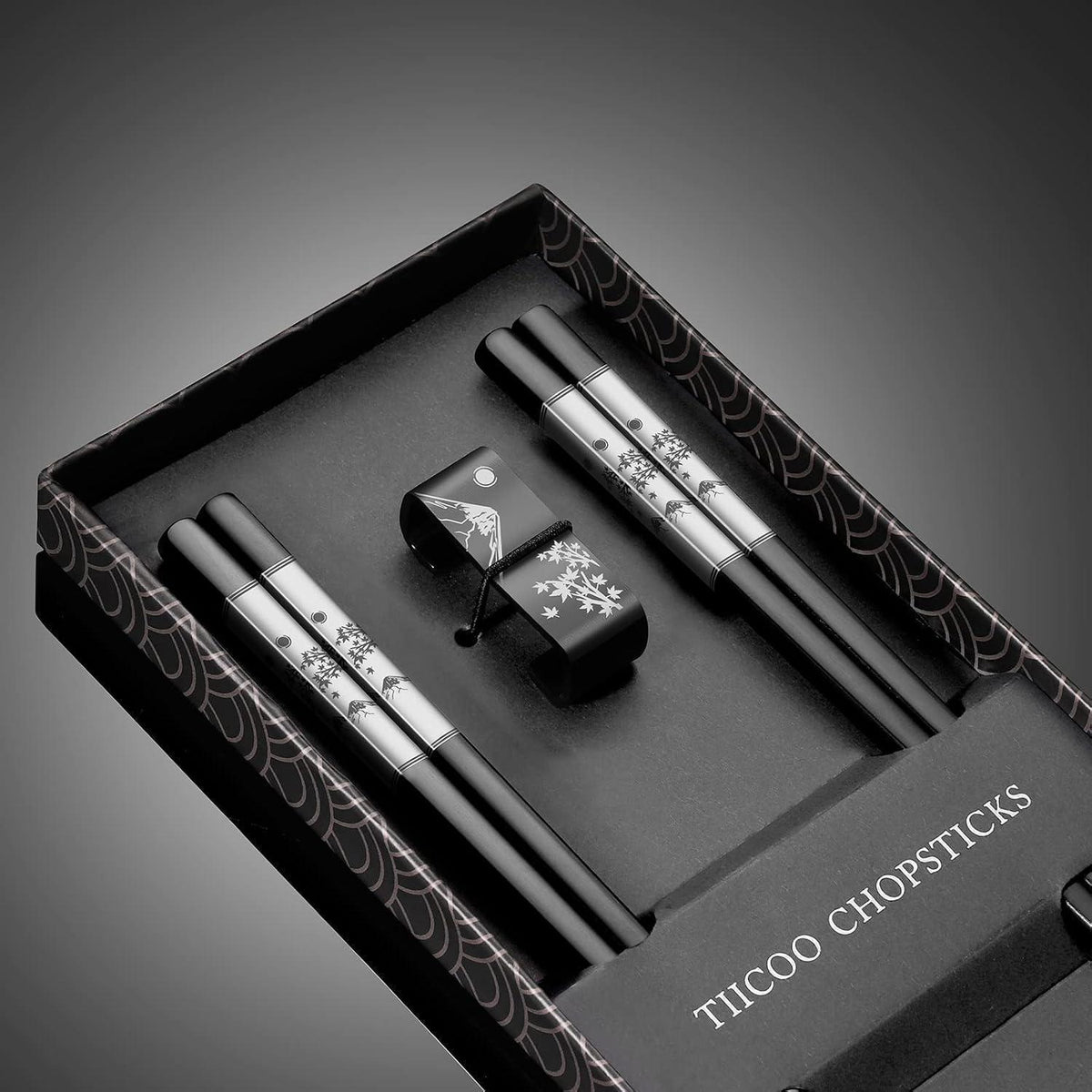 Wiederverwendbare Essstäbchen Set Titan Edelstahl mit Halter (Schwarz)