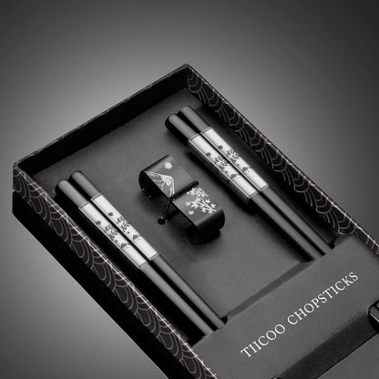 Wiederverwendbare Essstäbchen Set Titan Edelstahl mit Halter (Schwarz)