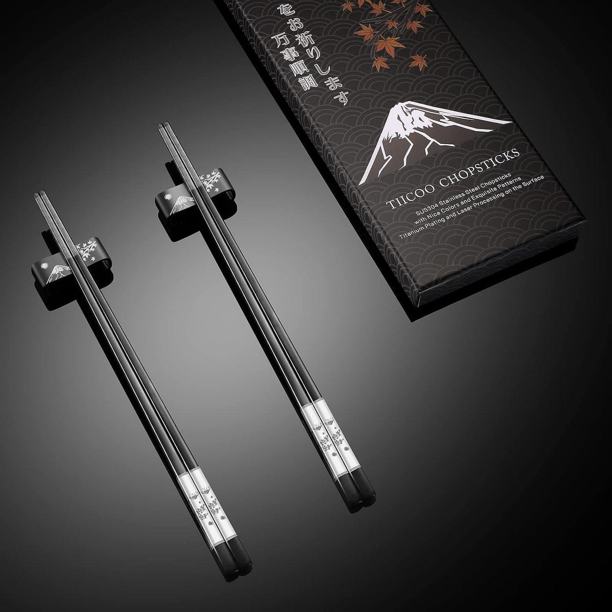 Wiederverwendbare Essstäbchen Set Titan Edelstahl mit Halter (Schwarz)