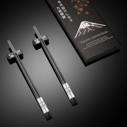 Wiederverwendbare Essstäbchen Set Titan Edelstahl mit Halter (Schwarz)
