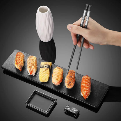 Wiederverwendbare Essstäbchen Set Titan Edelstahl mit Halter (Schwarz)