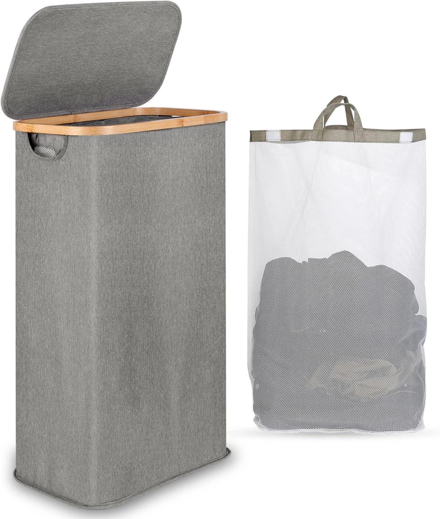 Wäschekorb mit Deckel 60L Bambusgriffen faltbar grau