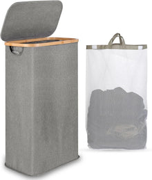 Wäschekorb mit Deckel 60L Bambusgriffen faltbar grau