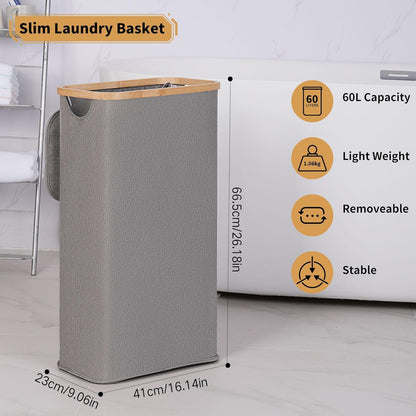 Wäschekorb mit Deckel Bambusgriff 60L grau - faltbarer