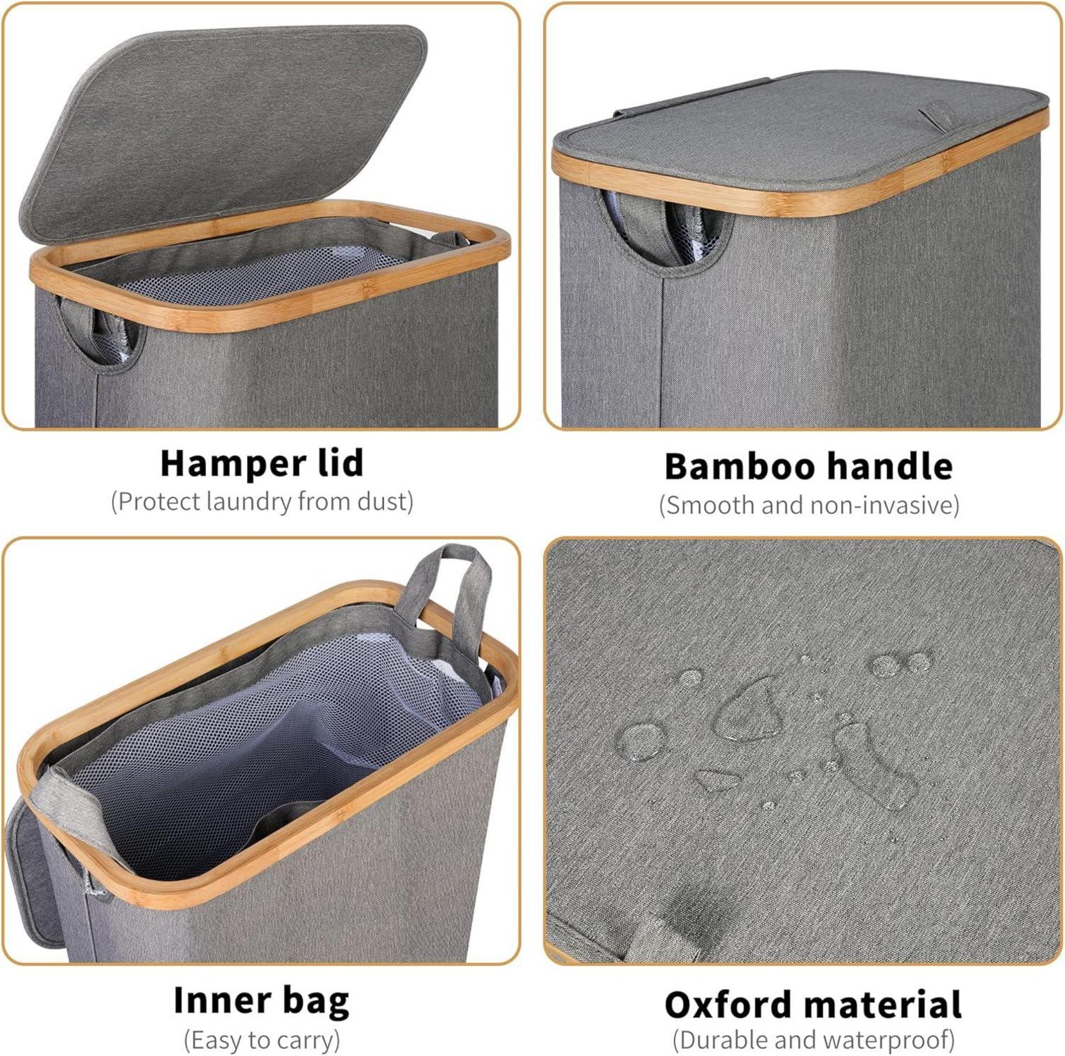 Wäschekorb mit Deckel 60L Bambusgriffen faltbar grau