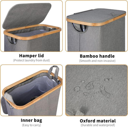 Wäschekorb mit Deckel 60L Bambusgriffen faltbar grau