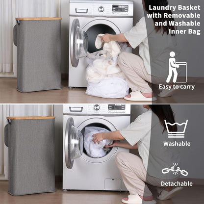 Wäschekorb mit Deckel 60L Bambus grau faltbar waschbarer Innentasche