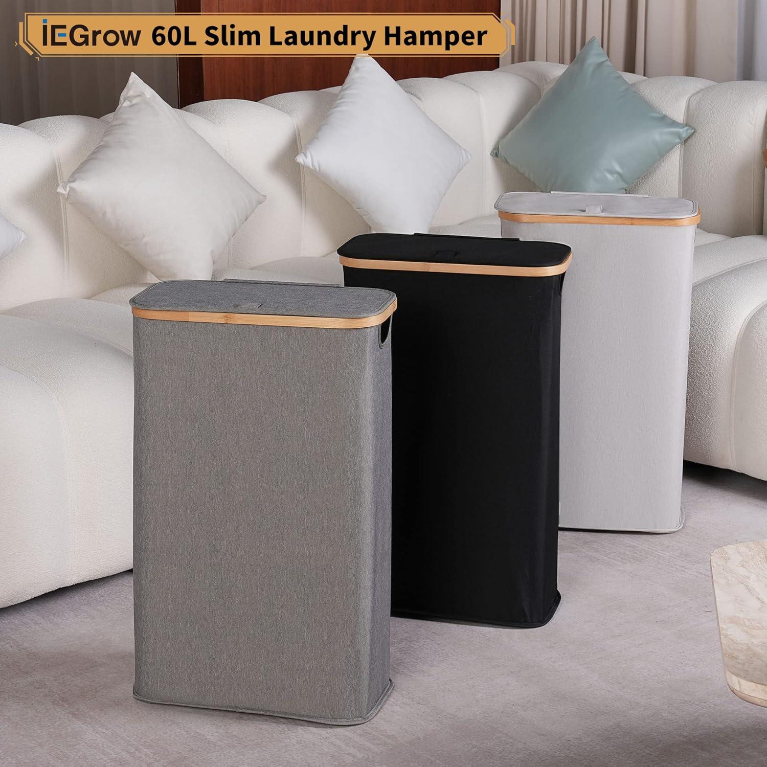 Wäschekorb mit Deckel 60L in Grau Bambus faltbarer Wäschekorb