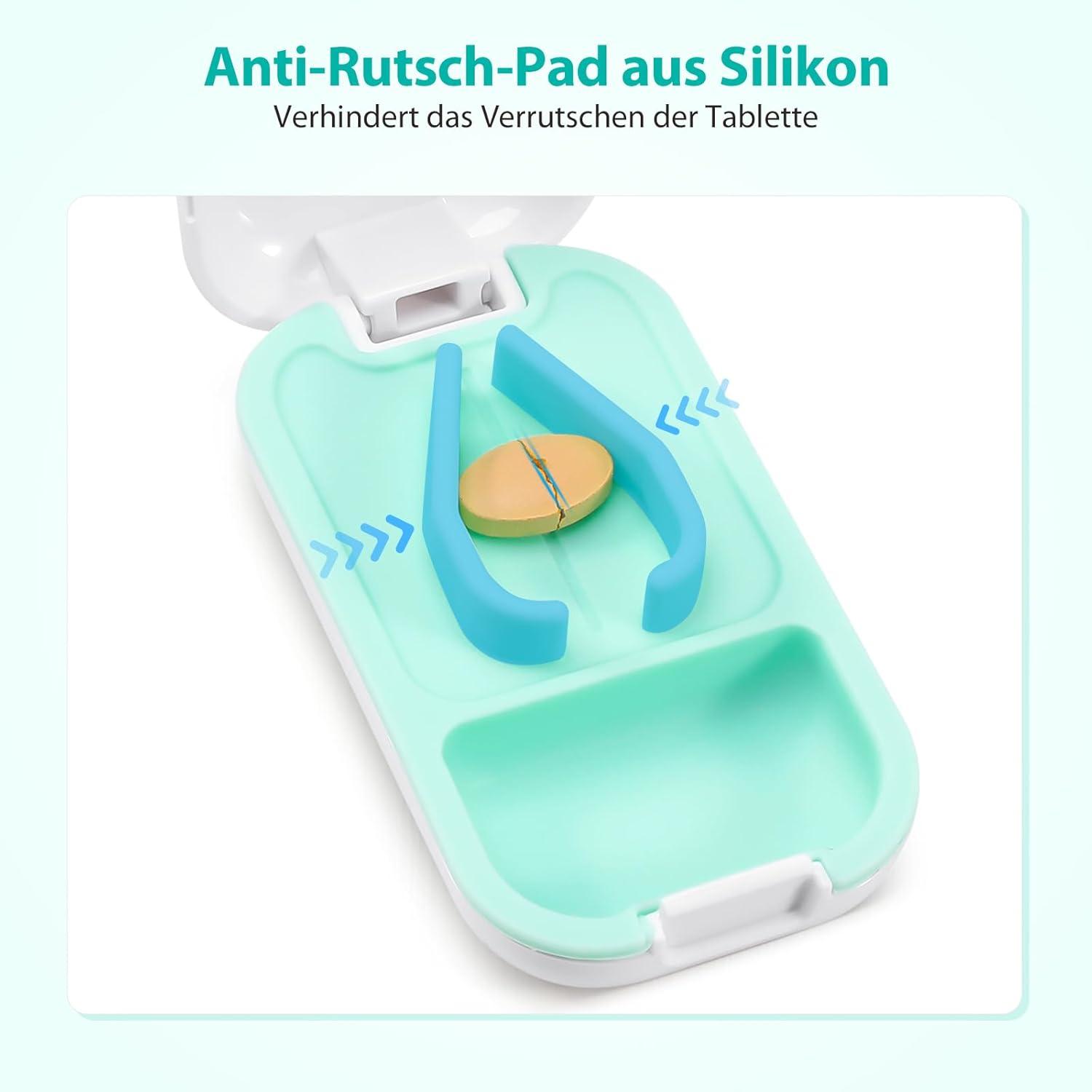 Opret Tablettenteiler für kleine und große Tabletten - BPA-frei, mit Stauraum, Anti-Rutsch-Halter, für verschiedene Tabletten