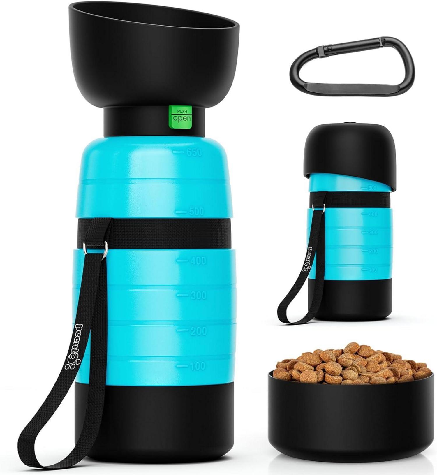 Pecute Hundewasserflasche 3-in-1 Trinkflasche Blau 650ml+150ml