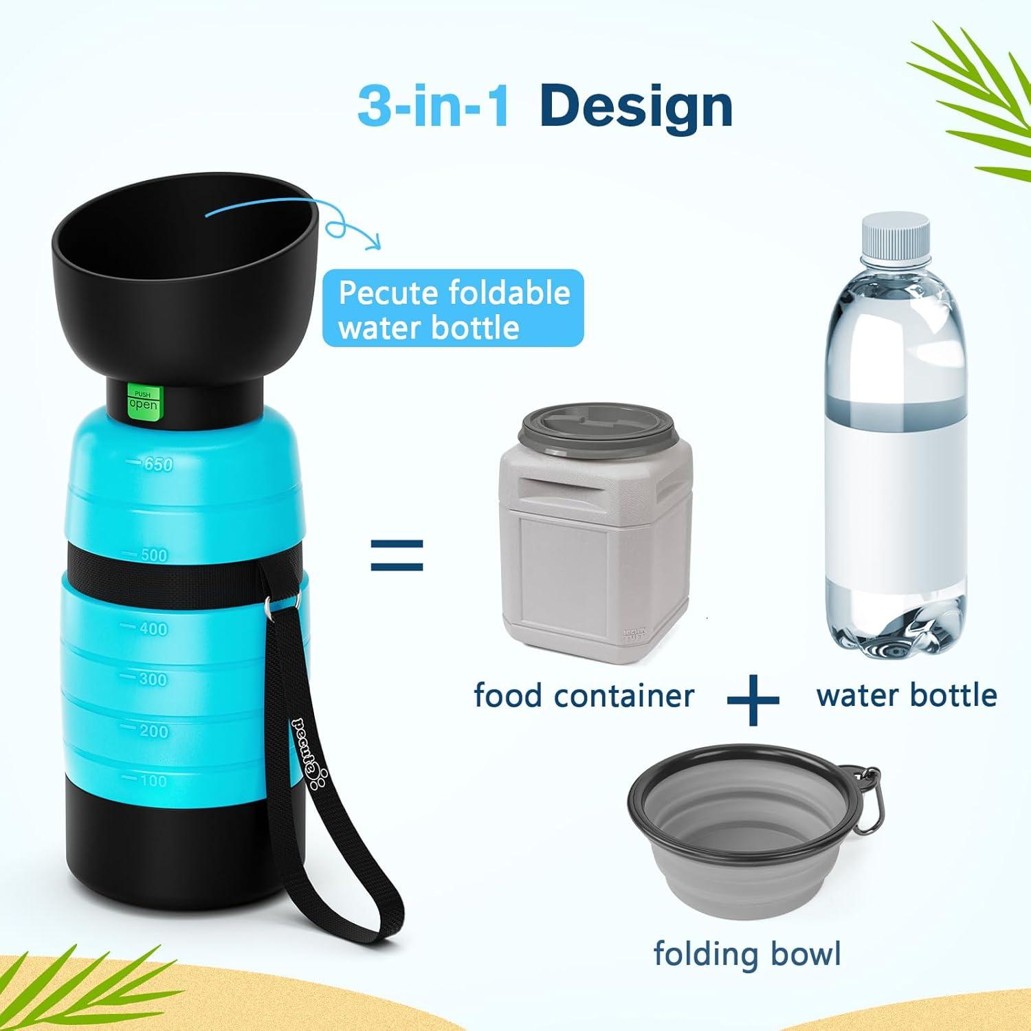 Pecute Hundewasserflasche 3-in-1 Trinkflasche Blau 650ml+150ml