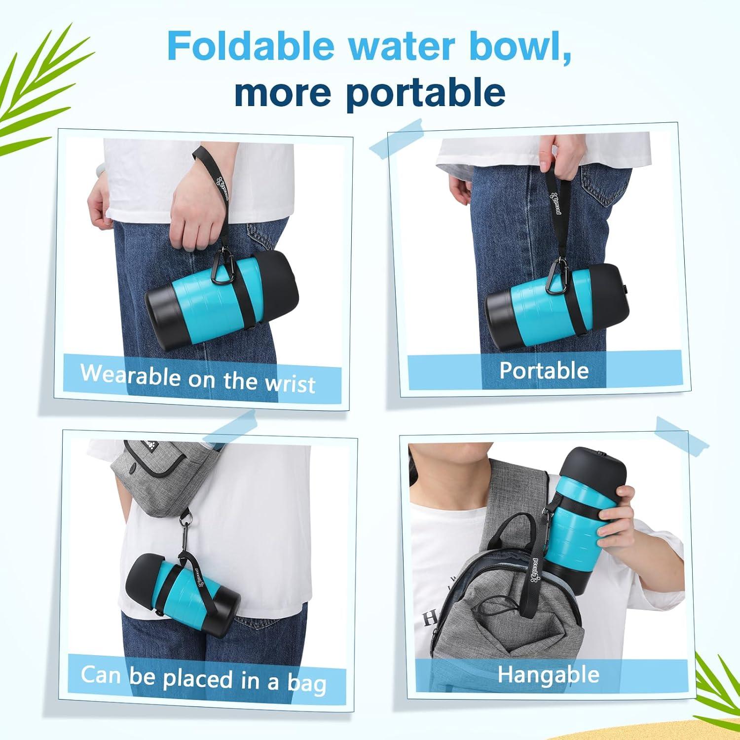 Pecute Hunde Wasserflasche 650ml mit Lebensmittelbehälter 3-in-1 Blau