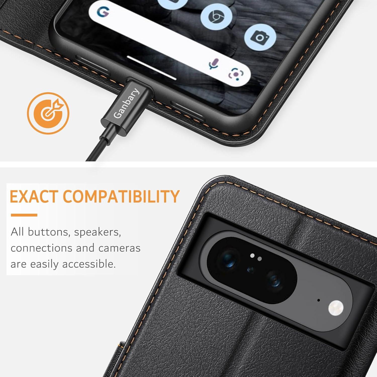 Leder Handyhülle für Google Pixel 8 mit Kartenfächern und Ständer, Schwarz