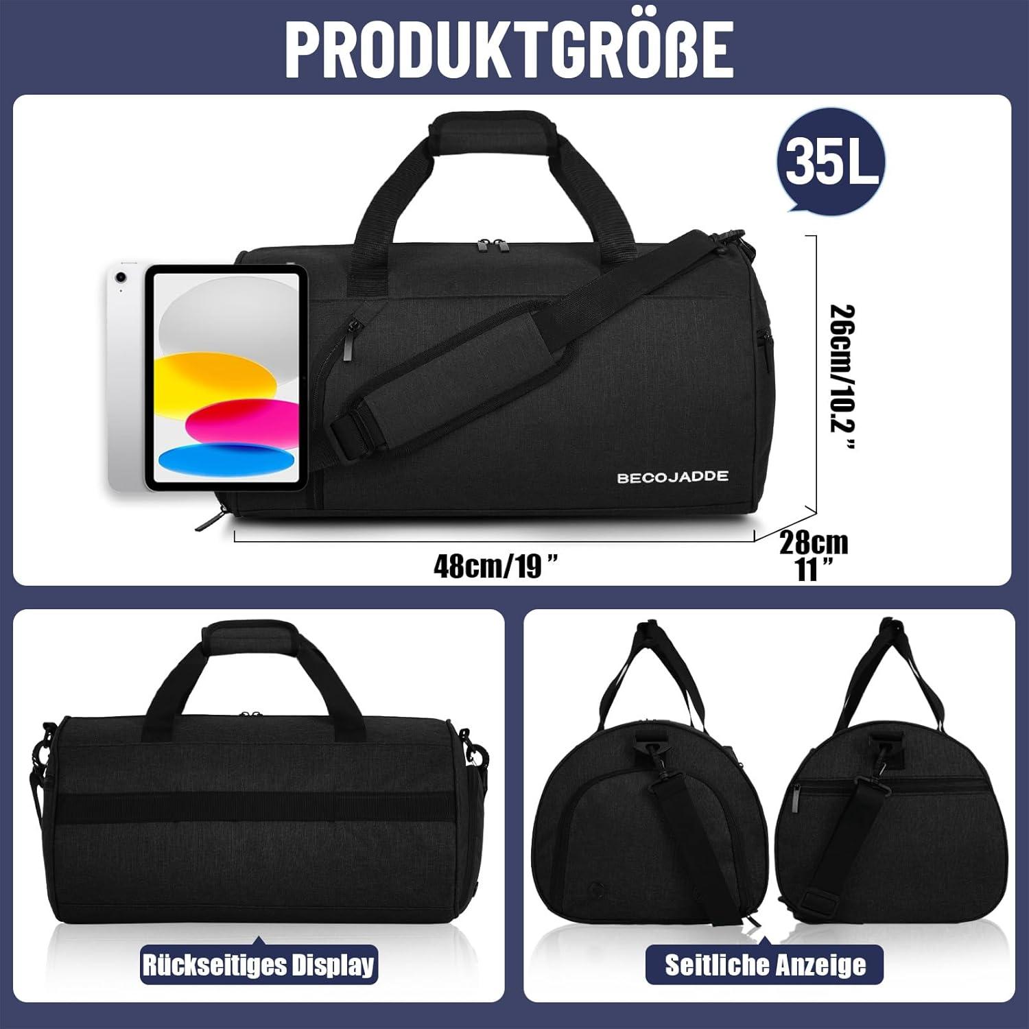 Sporttasche Damen Herren 35L Reisetasche Duffel Bag Schwimmen Schwarz