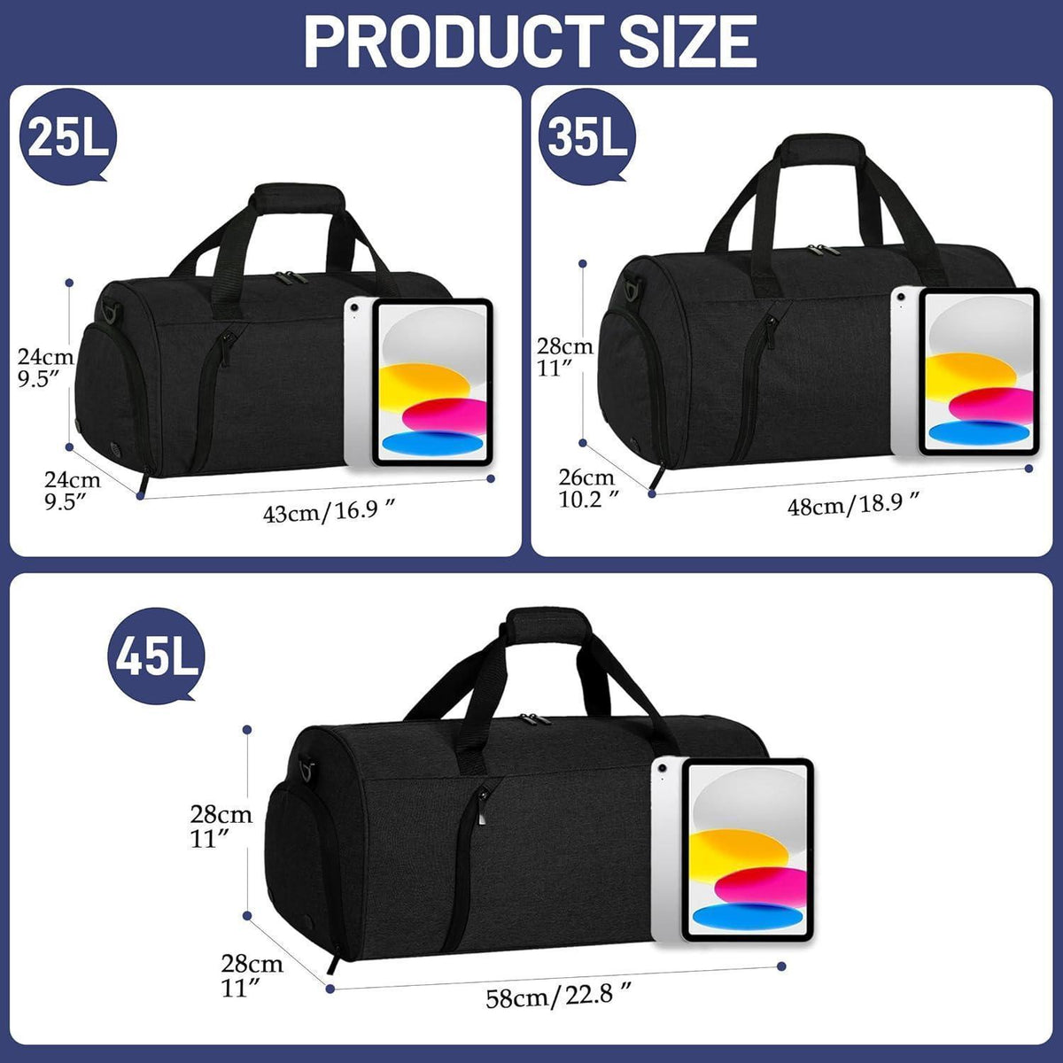 Sporttasche mit Schuhfach & Nassfach, 25L Schwarz