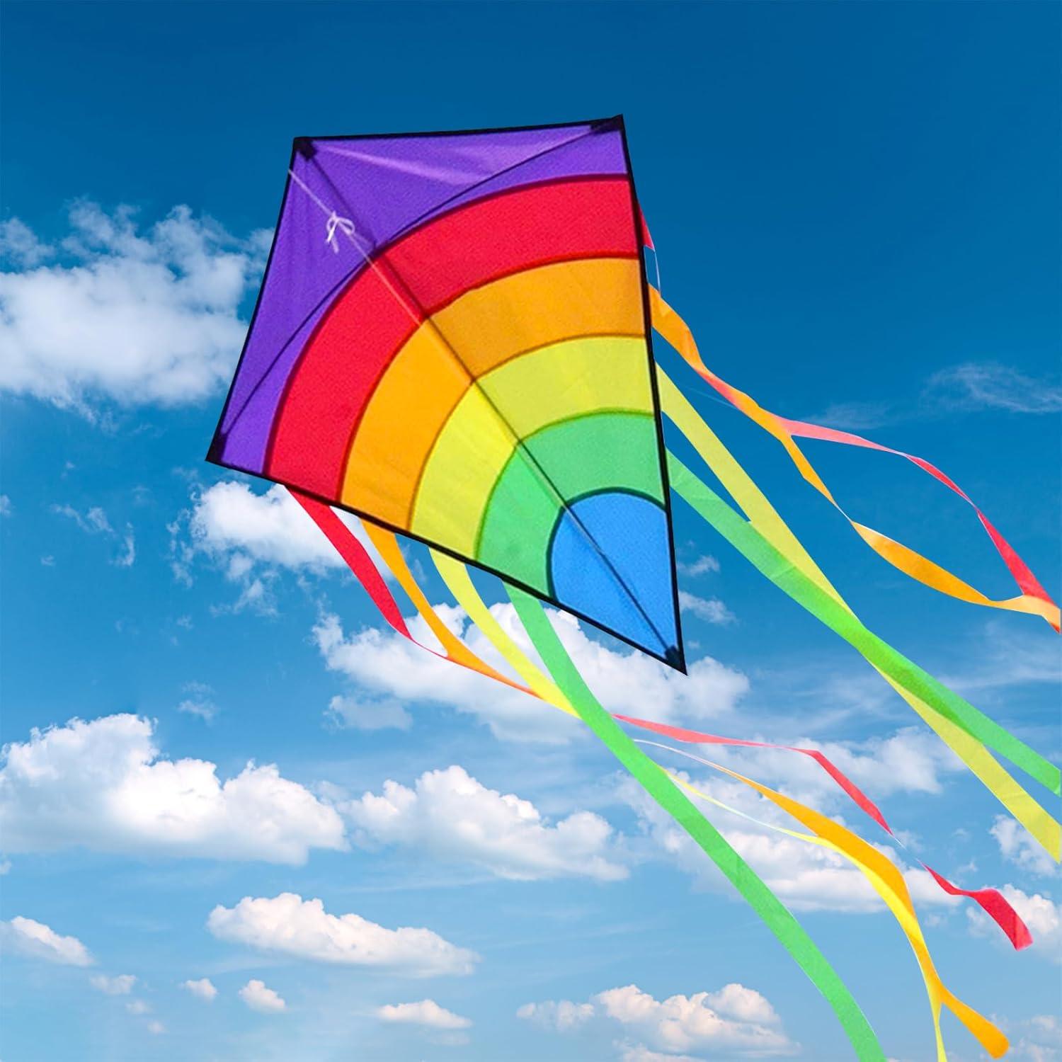 Einleiner Flugdrachen für Kinder 64x75cm Regenbogen Drachen mit 100m