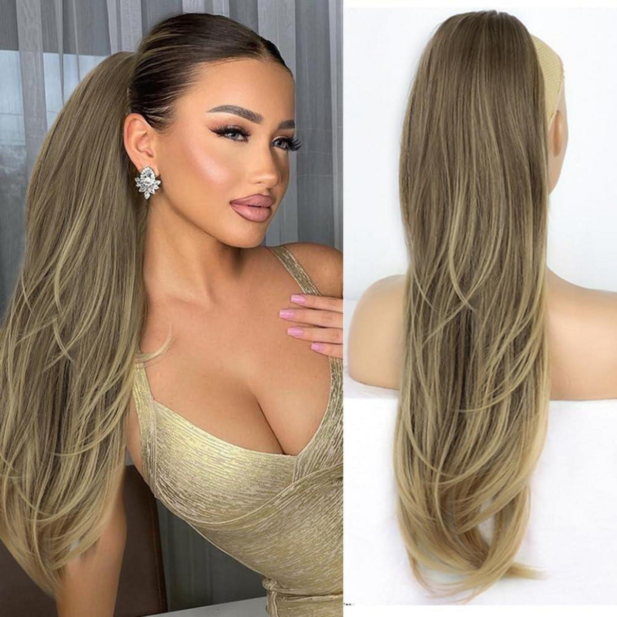 Langer, gewellter Pferdeschwanz mit Kordelzug – Aschblond 65cm