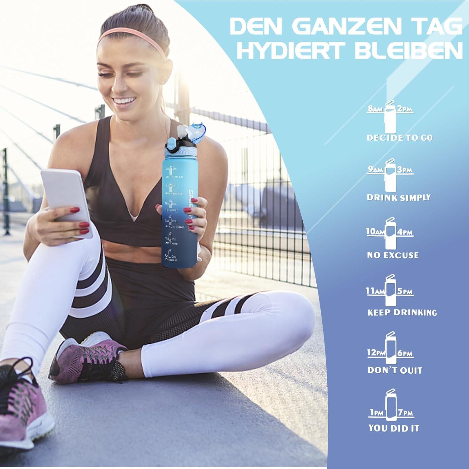 Trinkflasche 1L BPA-frei Sport Wasserflasche mit Stroh Auslaufsicher