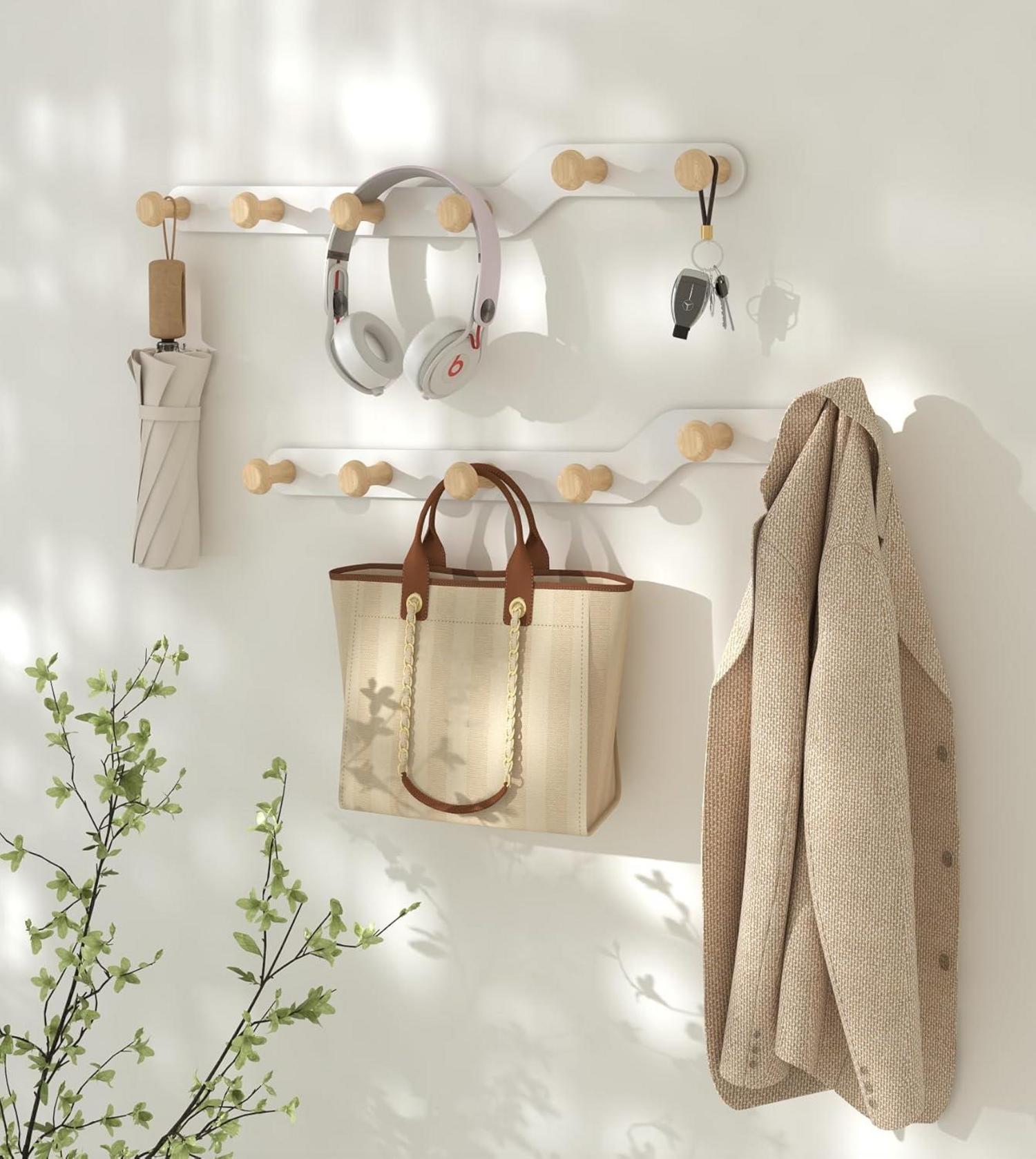 YunNasi Wandgarderobe mit 6 Haken aus Holz - Ohne Bohren