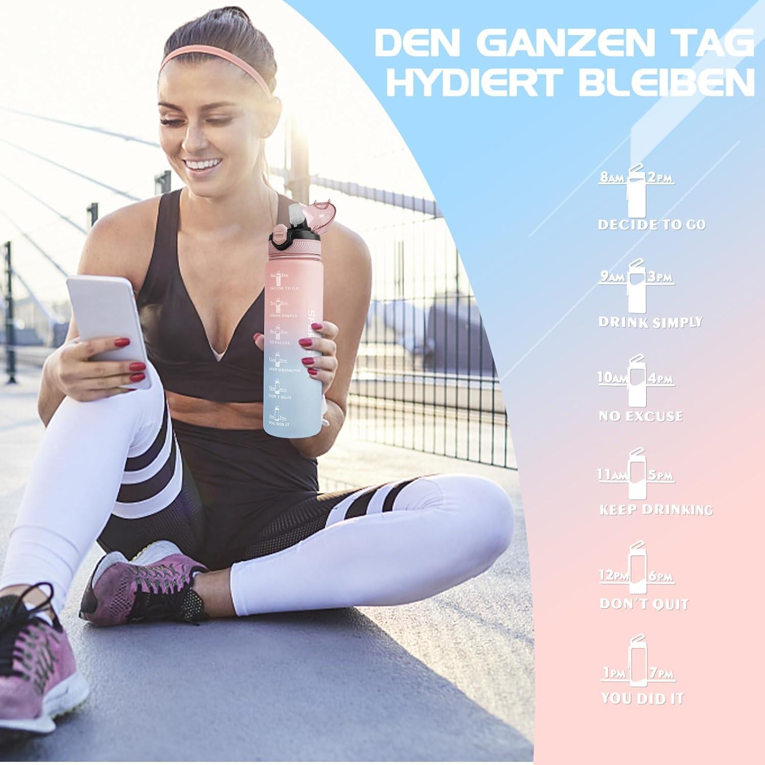 Trinkflasche 1L BPA-frei mit Stroh und Zeitmarkierungen Sport Rosa