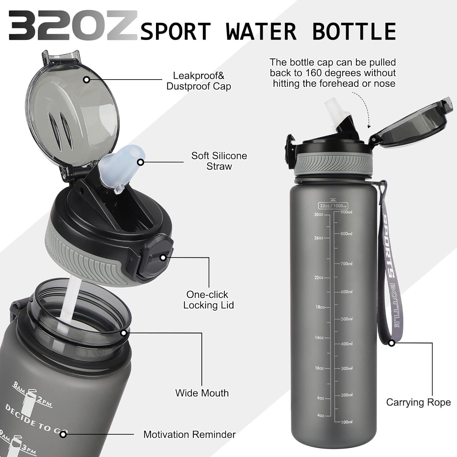Sport Trinkflasche 1L BPA-frei mit Strohhalm Mattgrau