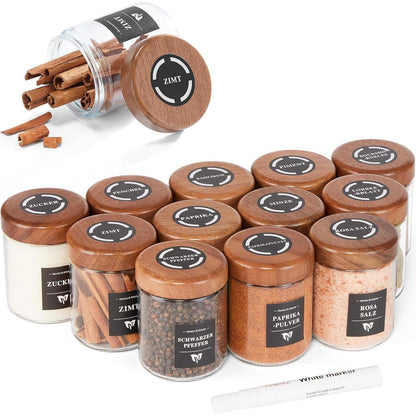 Glas Gewürzgläser Set 12er 120ml Bambusdeckel Streuer
