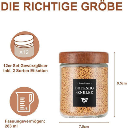 Glas Gewürzgläser Set 12er 120ml Bambusdeckel Streuer