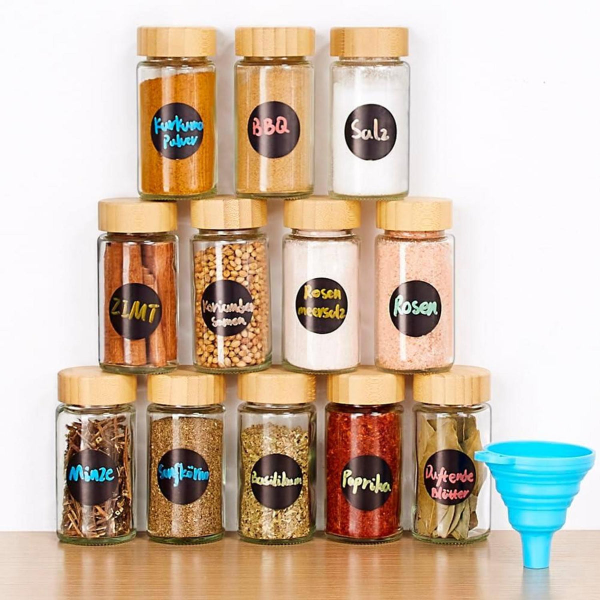 Gewürzgläser Set 12er 120ml Glas Bambusdeckel Streueinsatz