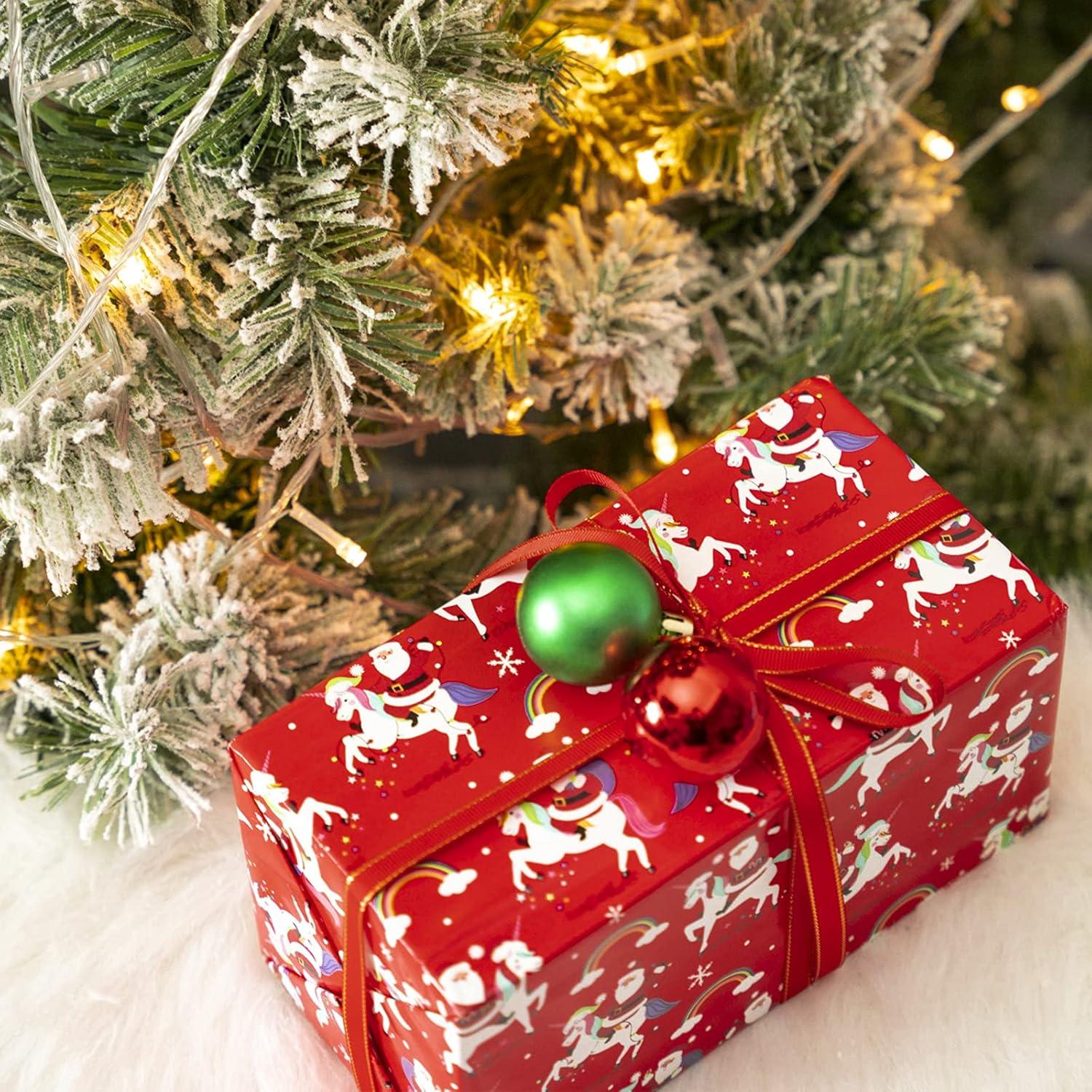Wendbares Weihnachtsgeschenkpapier Minirolle 43,2 cm x 10 m Rot Weihnachtsmann Einhorn