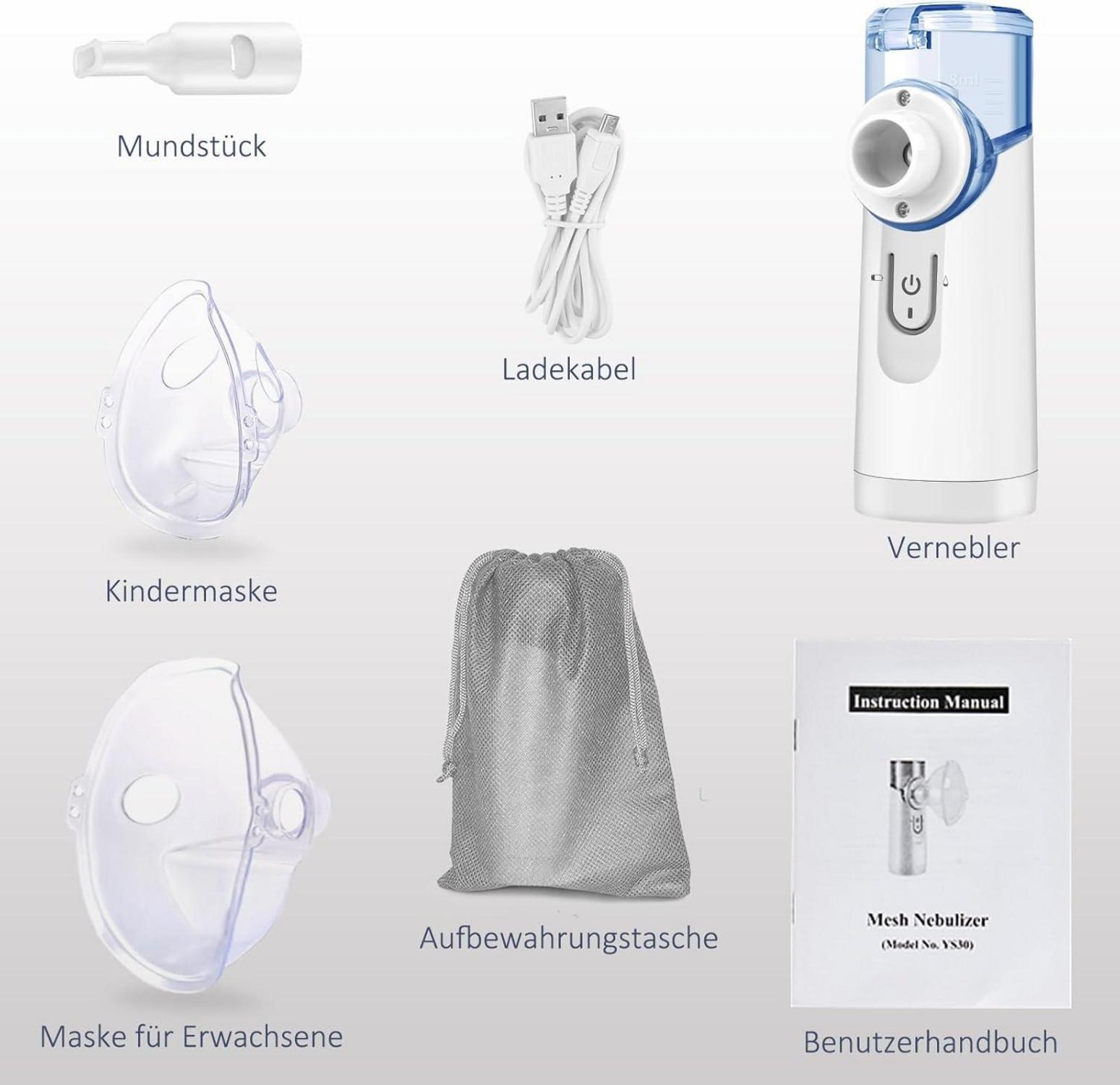 Tragbarer Inhalator Vernebler Set USB Kinder Erwachsene Masken Hq Mesh Blau