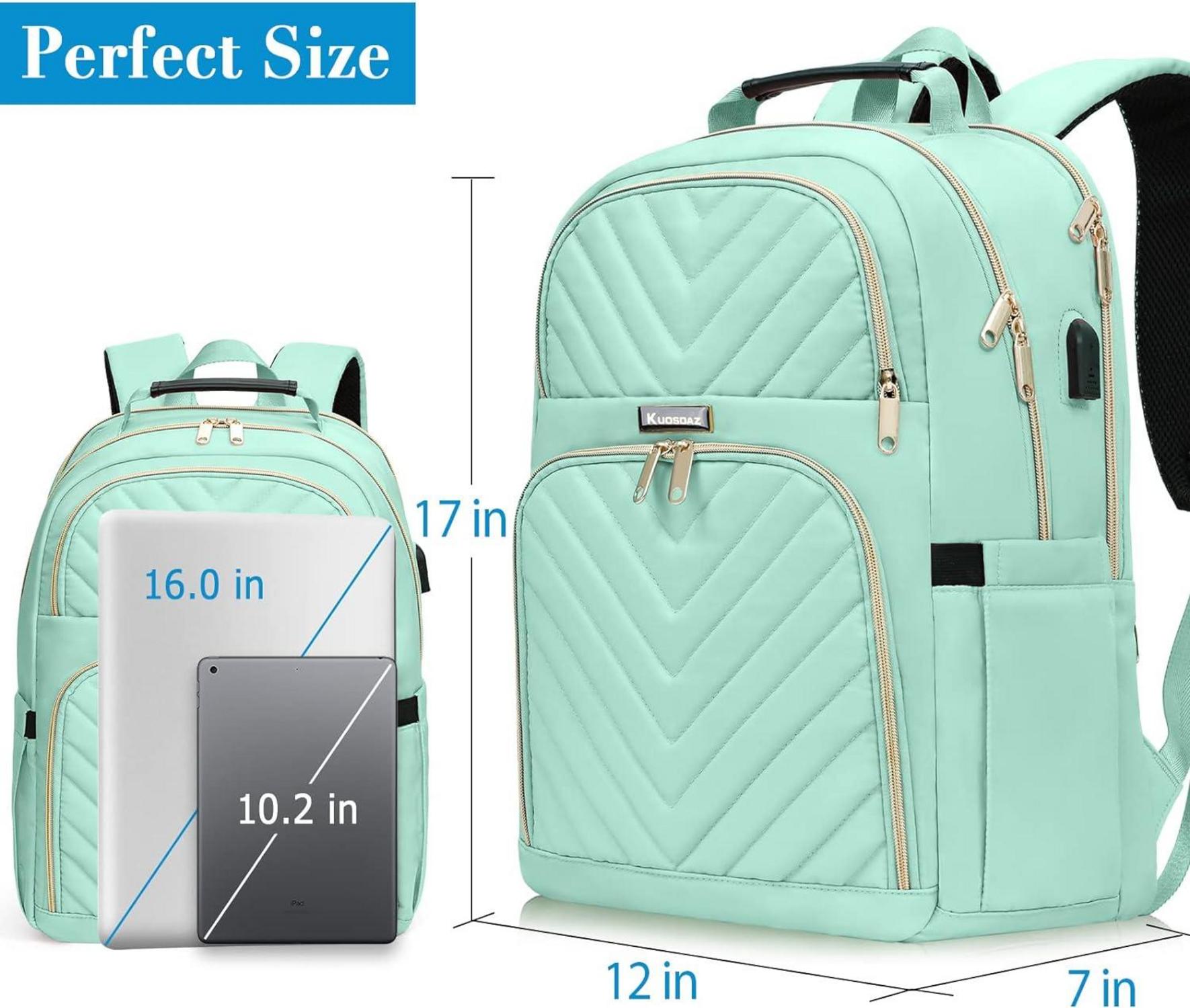 Kuosdaz Damen Rucksack 15.6 Zoll USB Ladeanschluss Wasserdicht Mintgrün