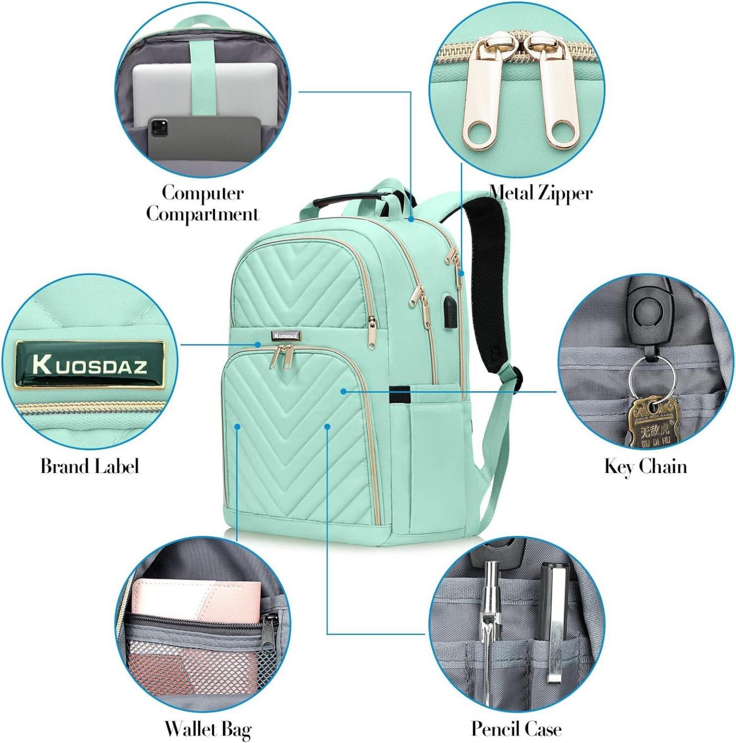 Rucksack Damen 15.6 Zoll USB Ladeanschluss Mintgrün Wasserdicht Uni
