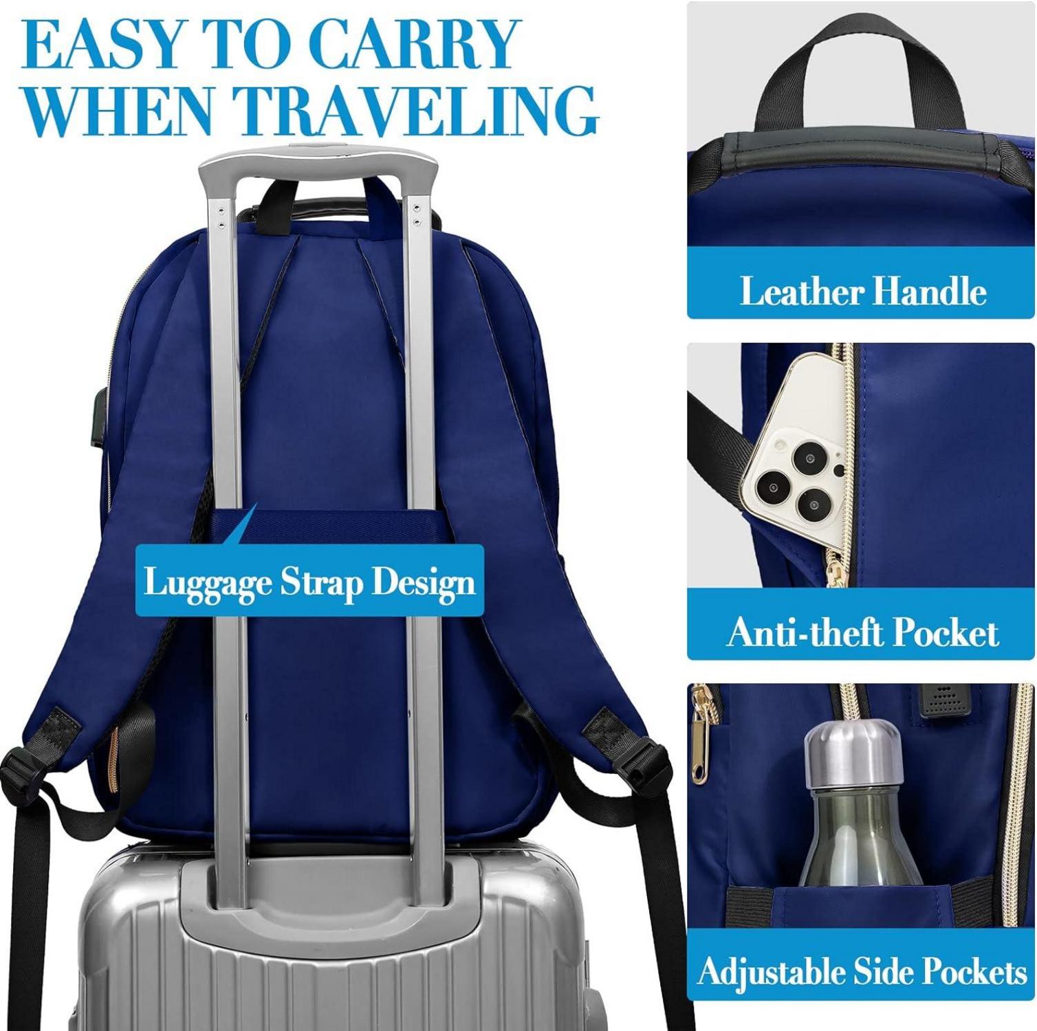 Kuosdaz Damen Rucksack 15,6 Zoll USB Ladeanschluss Laptop Blau 30L