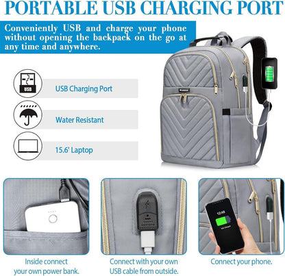 Rucksack Damen 17.3 Zoll USB Ladeanschluss Wasserdicht Grau