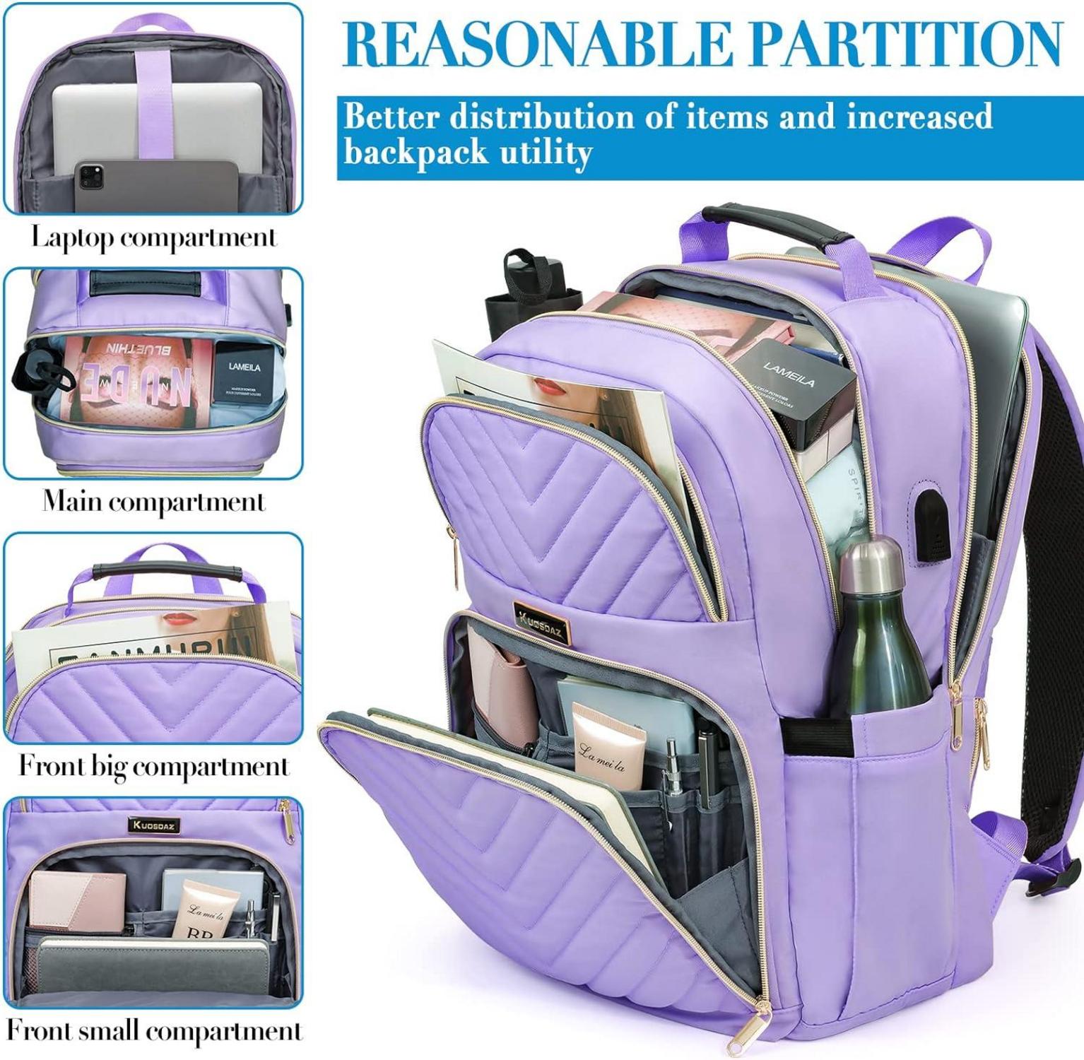 Laptop-Rucksack Damen 15.6 Zoll USB Ladeanschluss lila