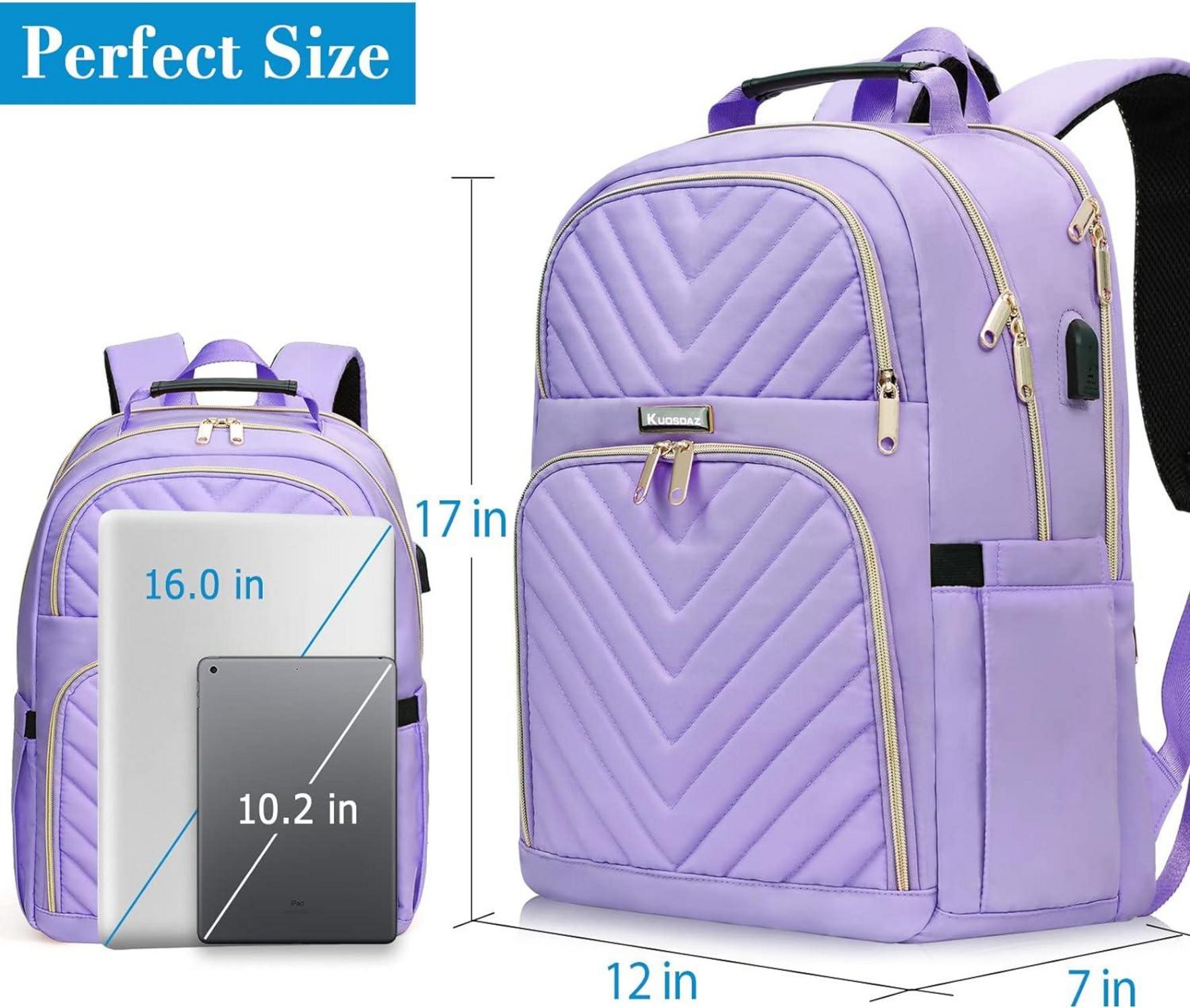 Kuosdaz Rucksack Damen 15.6 Zoll USB Ladeanschluss Laptop Daypack Wasserdicht Lila