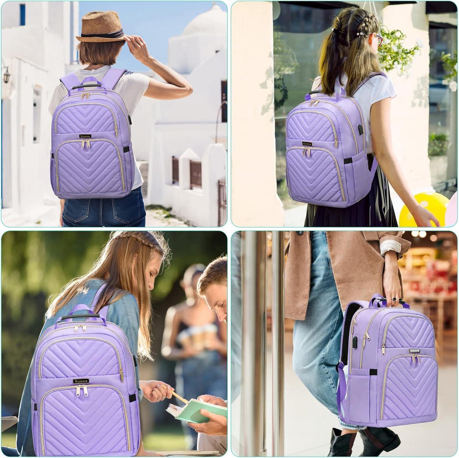 Kuosdaz Damen Laptop Rucksack 15.6 Zoll USB Ladeanschluss Wasserdicht Lila