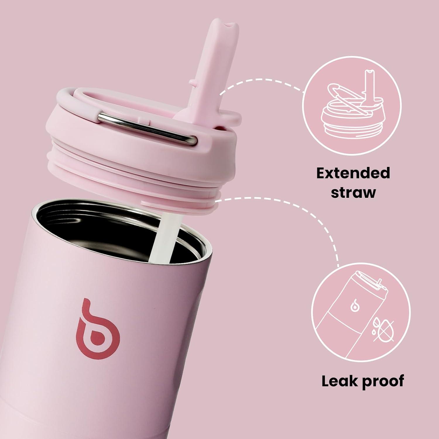 Isolierte Trinkflasche 680ml mit Strohhalm und Griff, doppelwandig Pink