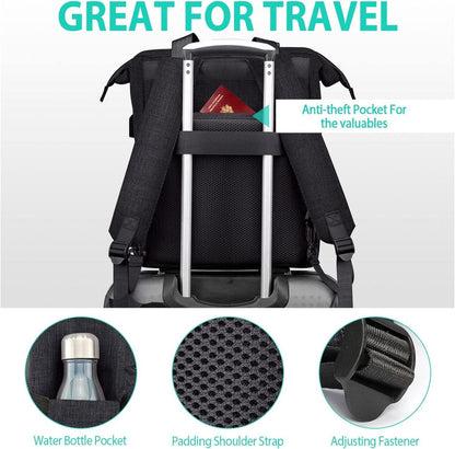 Schwarzer Schulrucksack Damen USB Ladeanschluss 17,3 Zoll Laptop Anti-Diebstahl