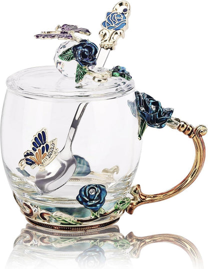 Emaille Tee Tasse Set Schmetterling Blume Löffel Deckel Glas