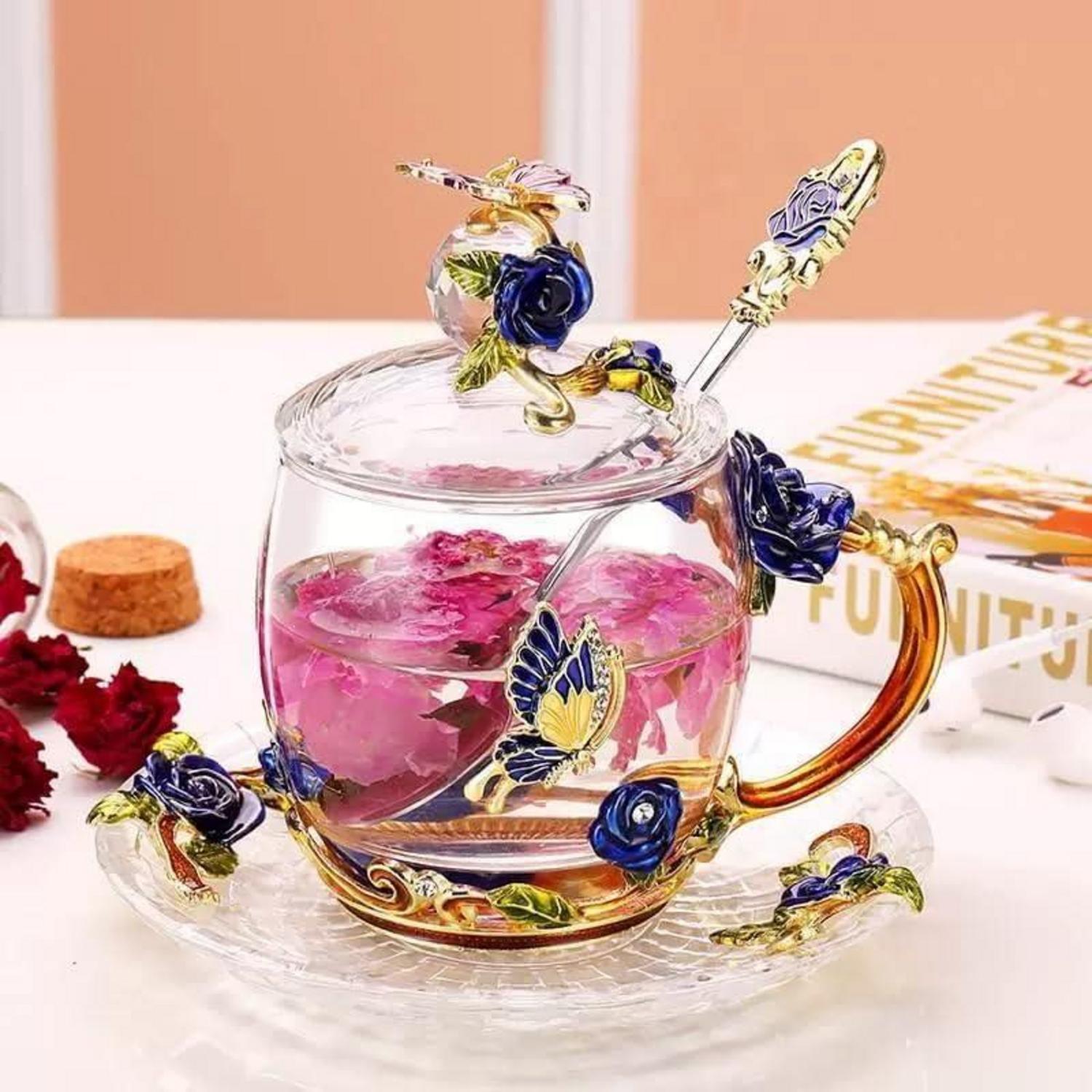 Emaille Schmetterling Blume Tee Tasse Set mit Löffel und