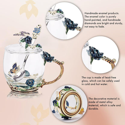 Emaille Tee Tasse Set Schmetterling Blume Löffel Deckel Glas