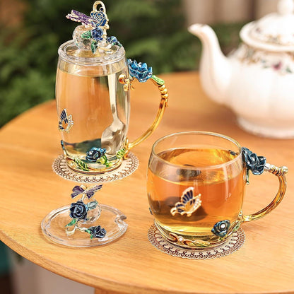 Emaille Blumen Tee Tasse Set mit Löffel und Deckel, Glas Kaffeebecher - Blau