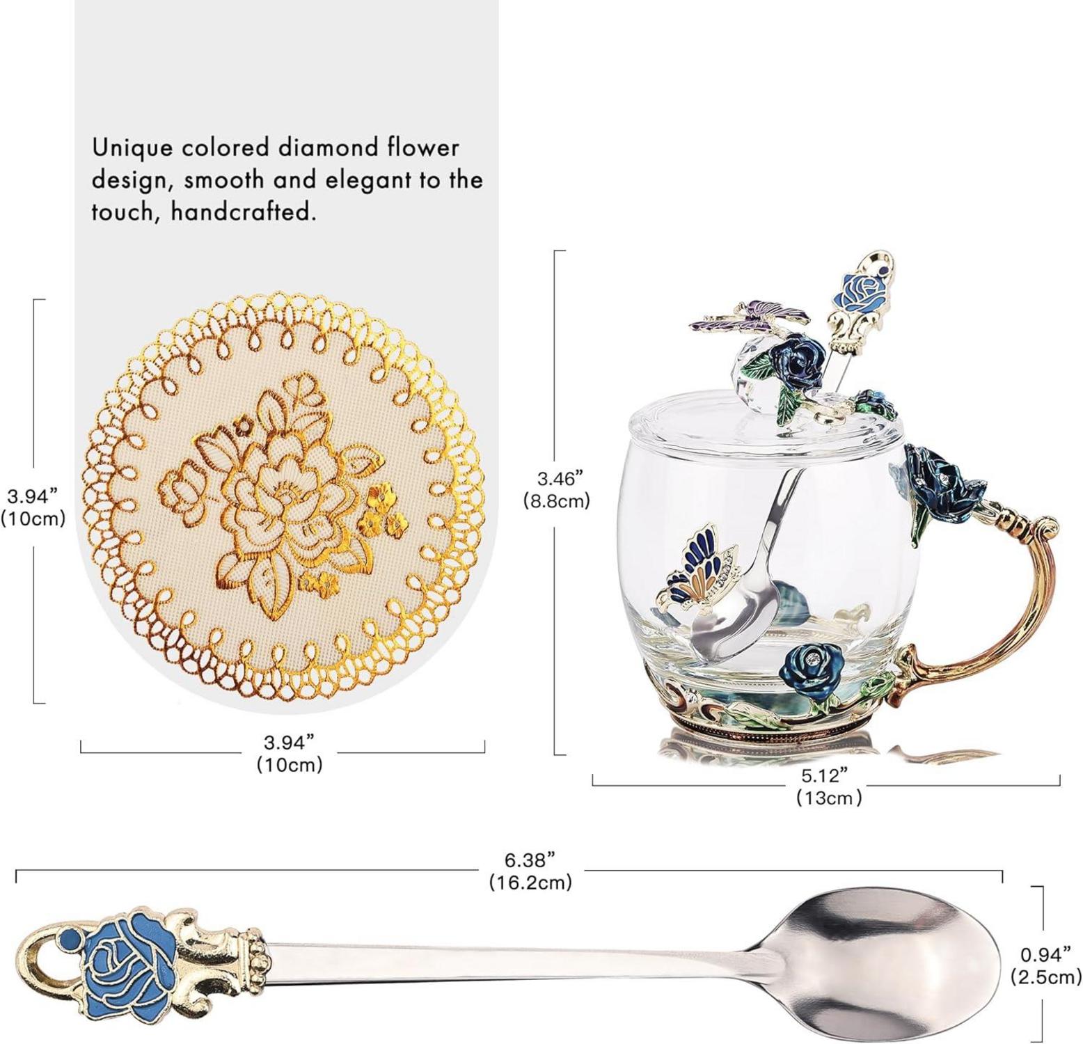 Emaille Blume Schmetterling Tee Tasse Set Glas Kaffeebecher mit Löffel