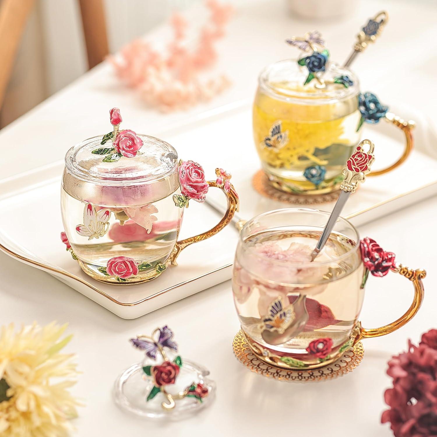 Emaille Blume Schmetterling Tee Tasse Set mit Löffel, Deckel und Glas